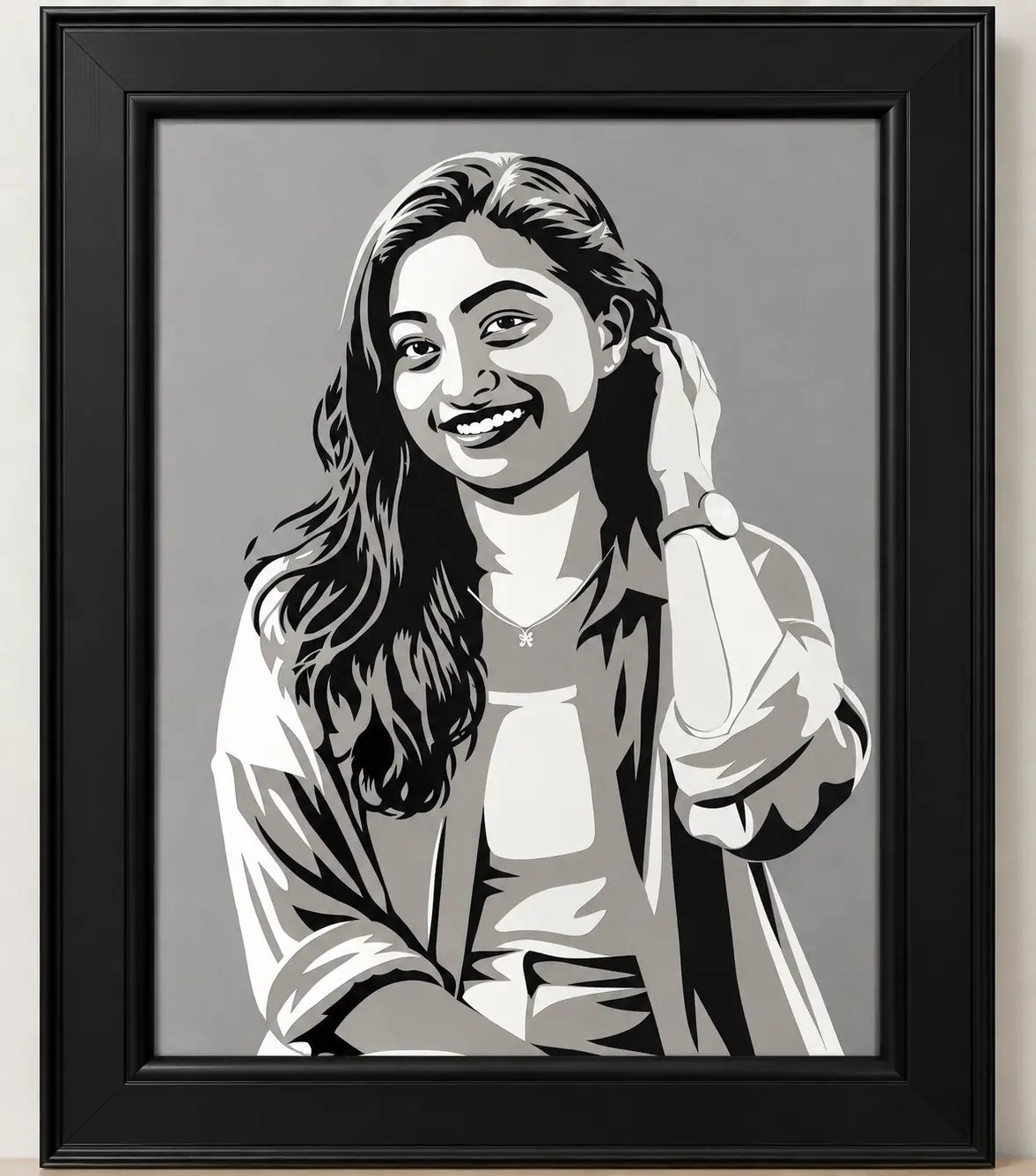 Framed paper-cut portrait of a young woman touching her hair