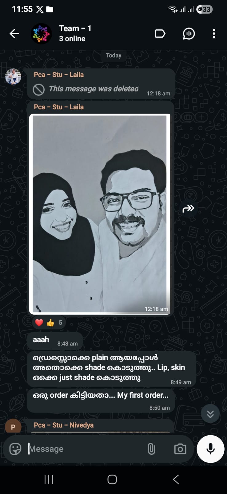 Class group chat where student Laila shares her shaded couple portrait and announces she has received her very first order