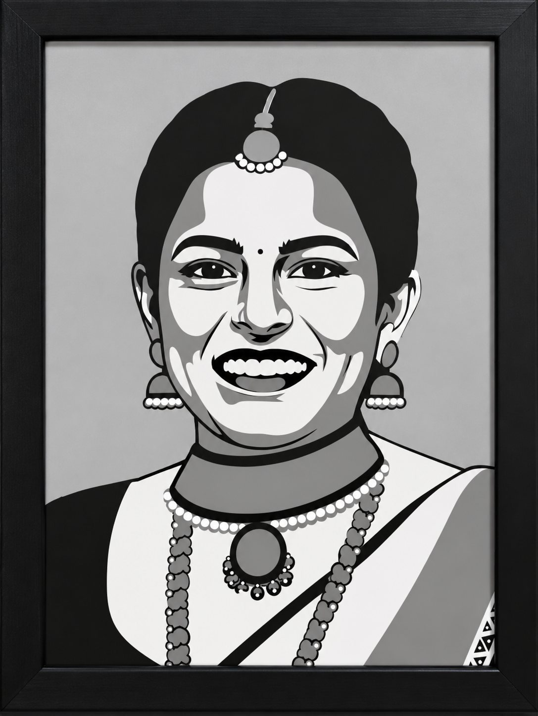 Framed paper-cut portrait of a smiling woman adorned with traditional ornaments