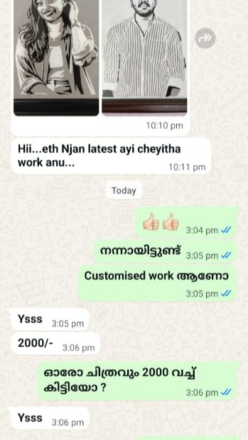 WhatsApp chat where a student shares two framed portraits as their latest work and confirms each artwork is sold for 2000