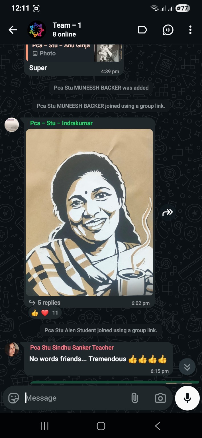 Class group chat where student Indrakumar shares a paper-cut portrait of a smiling woman with a coffee cup and the teacher replies No words friends, tremendous