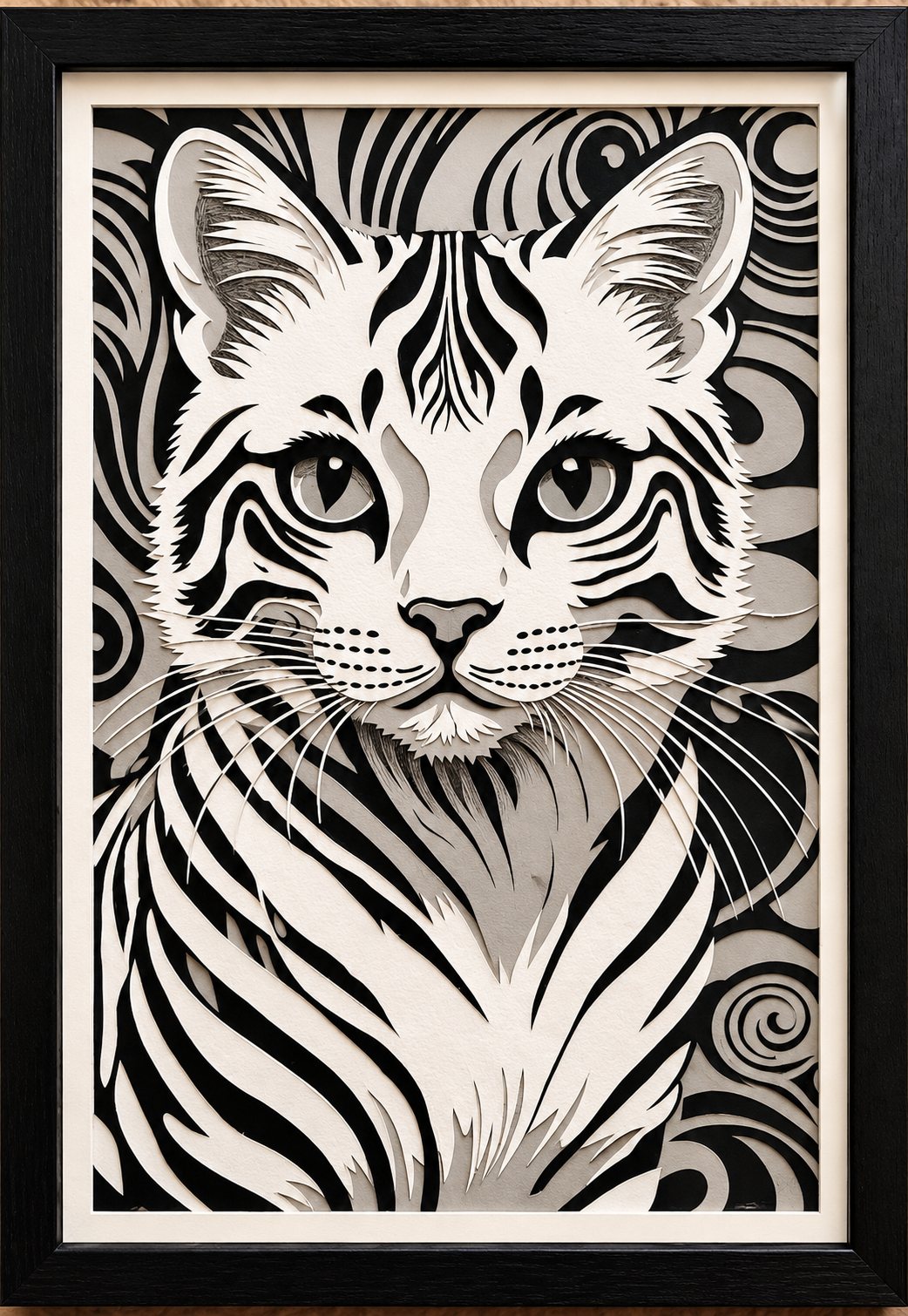Framed layered paper-cut relief of a stylized cat with decorative patterns