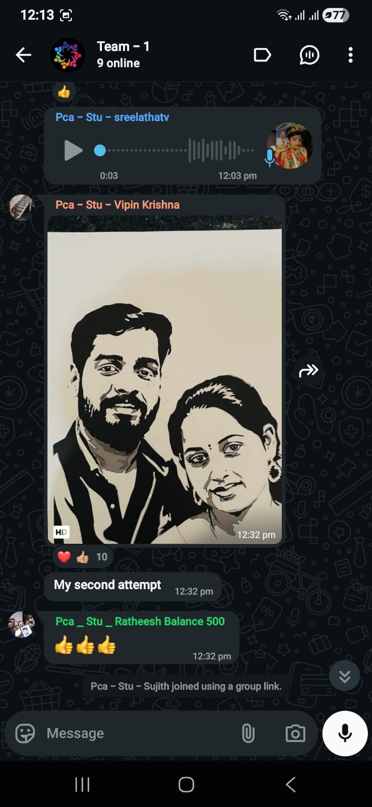 Class group chat where student Sreelatha posts her second attempt at a couple portrait and classmates reply with thumbs up and a short voice note