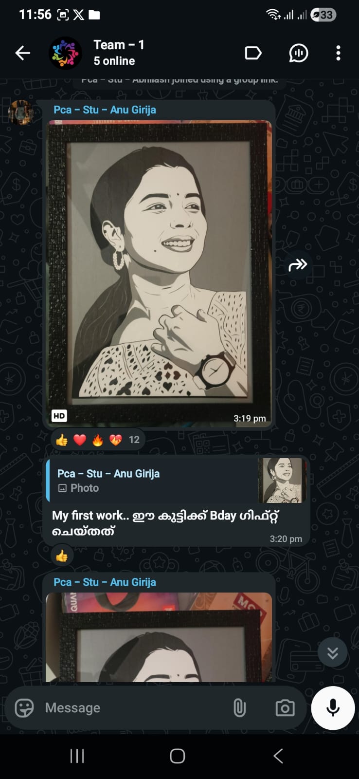 Class group chat where student Anu Girija posts her first framed portrait of a smiling woman as a birthday gift for a girl