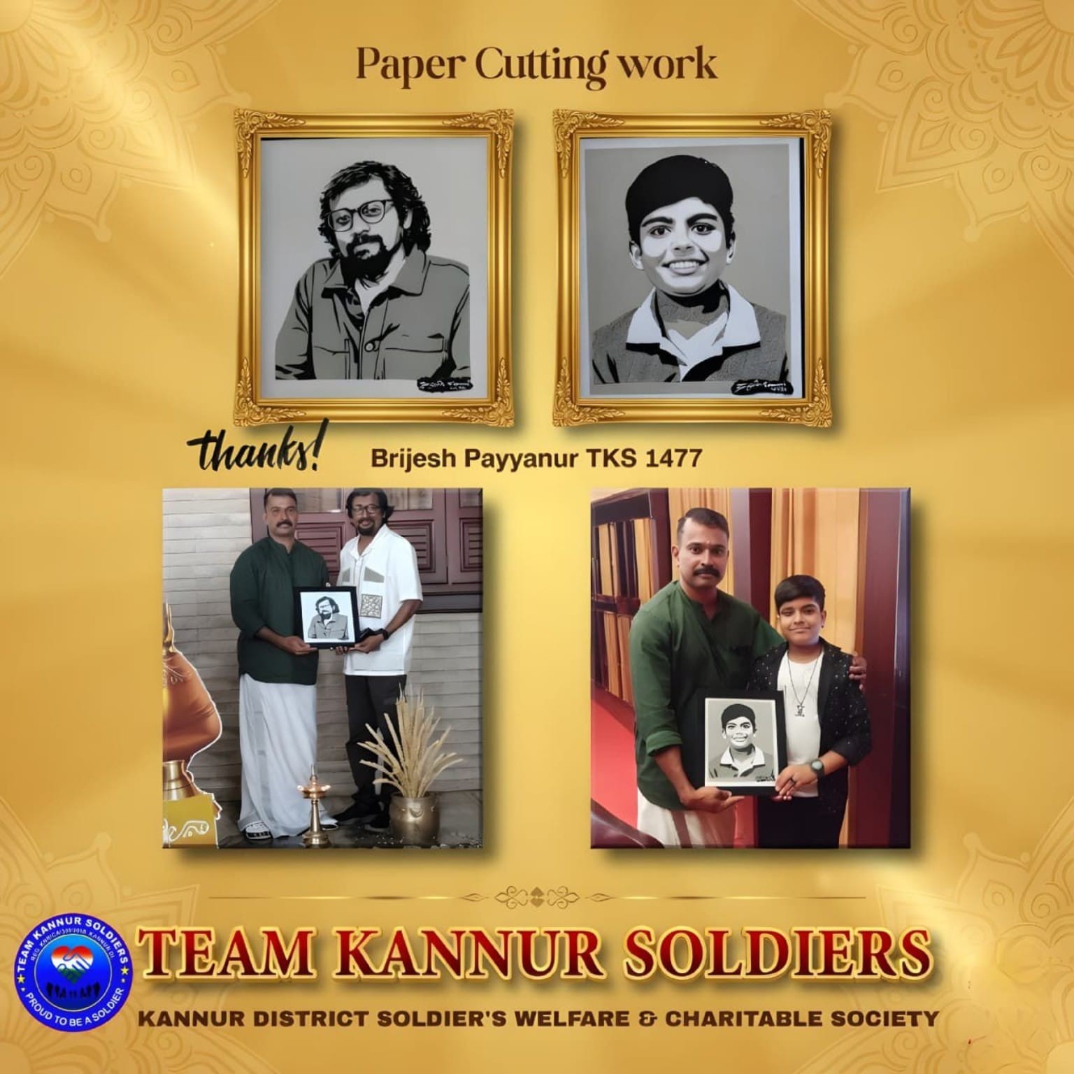 Team Kannur Soldiers collage thanking Brijesh Payyanur with two paper-cut portraits and photos of the artworks being gifted