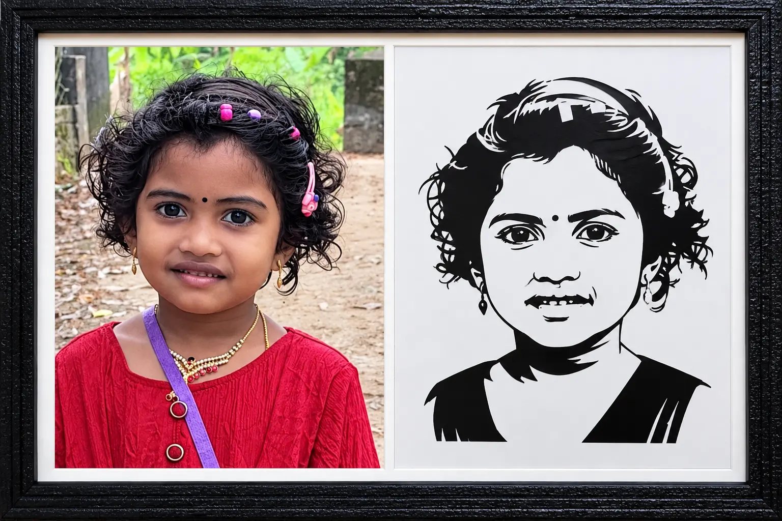 Framed paper-cut portrait of a smiling girl beside its colour reference photo