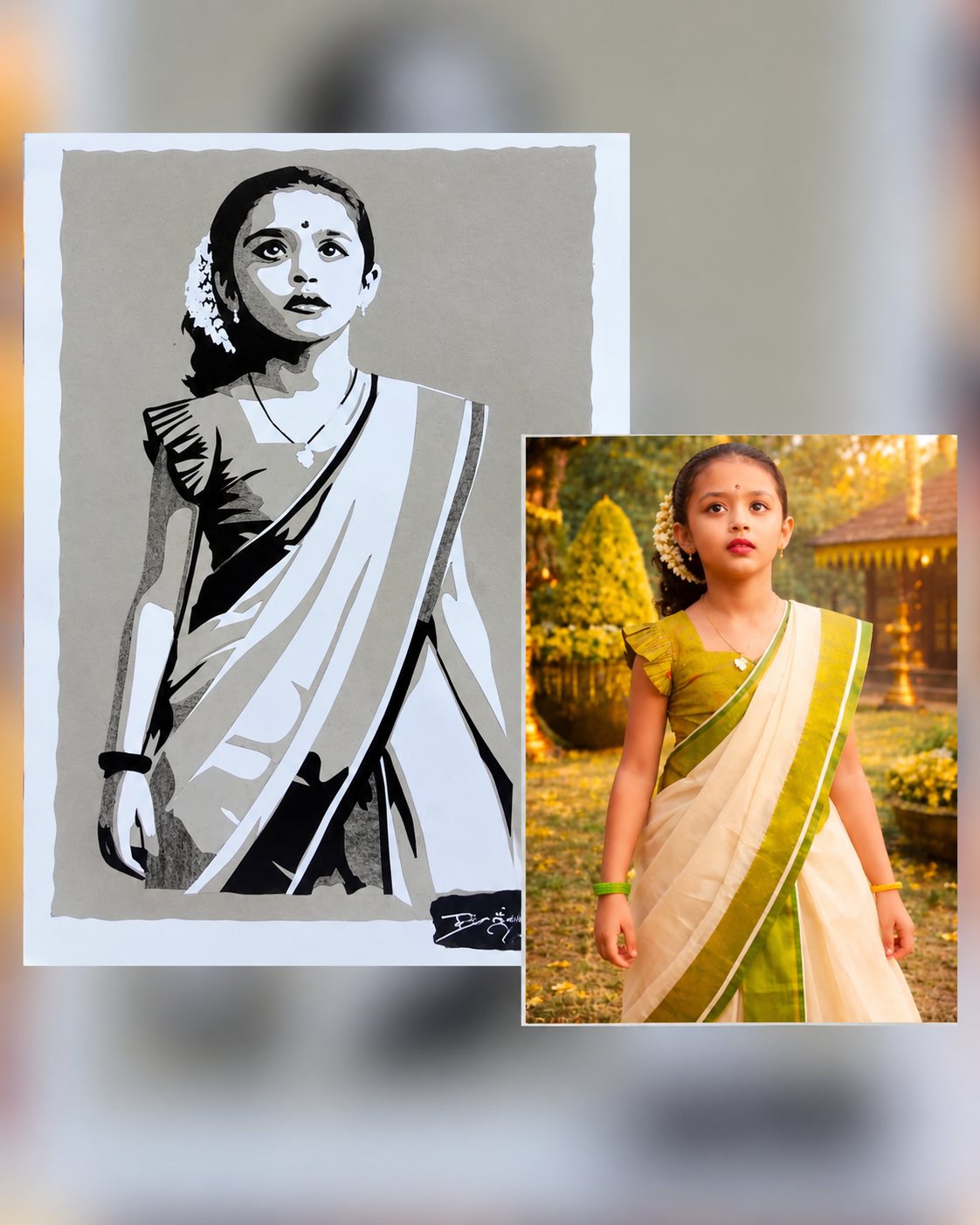 Paper-cut portrait of a young girl in traditional attire beside its reference photo