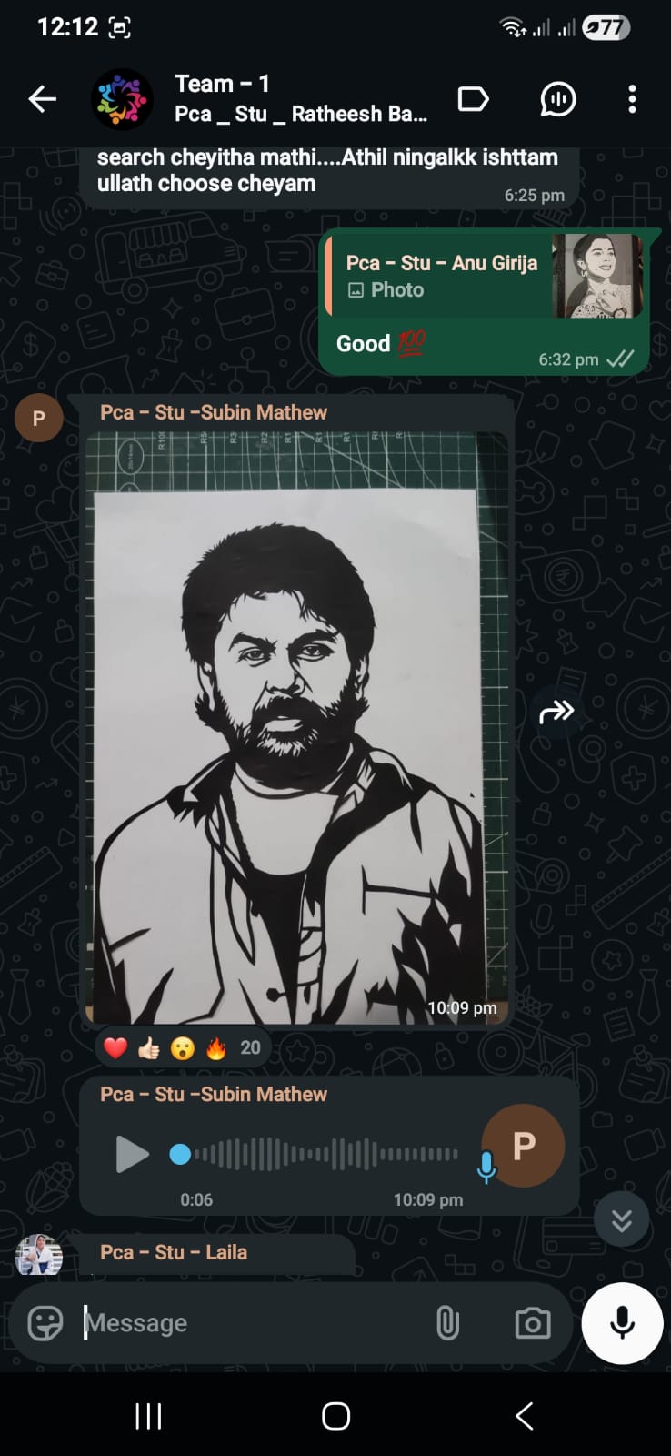 Class group chat where student Subin Mathew posts his paper-cut portrait of a bearded man on a cutting mat with a voice note, and the teacher replies Good with a hundred
