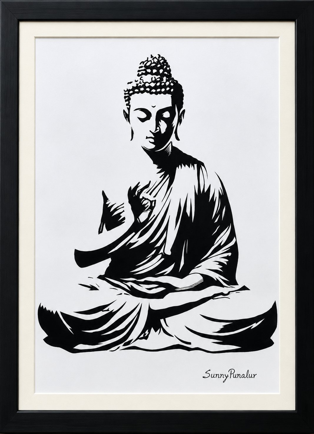 Framed black-and-white paper-cut of Gautama Buddha seated in meditation