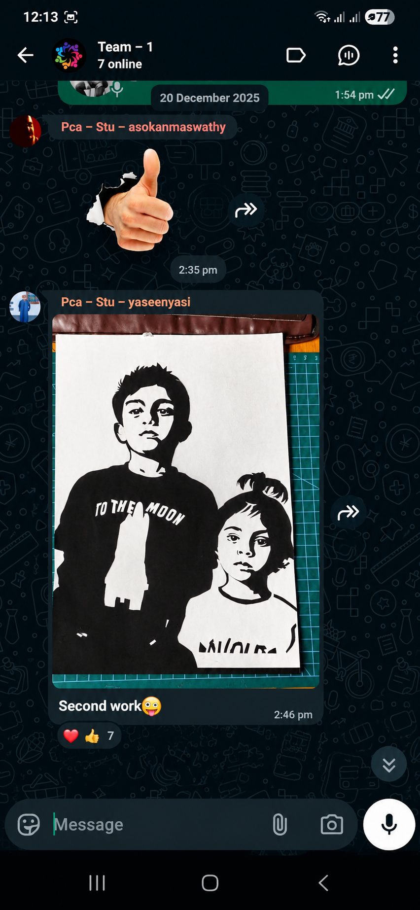 Class group chat where student Yaseen shares his second work, a paper-cut portrait of two children on a cutting mat, and classmates react with hearts and thumbs up