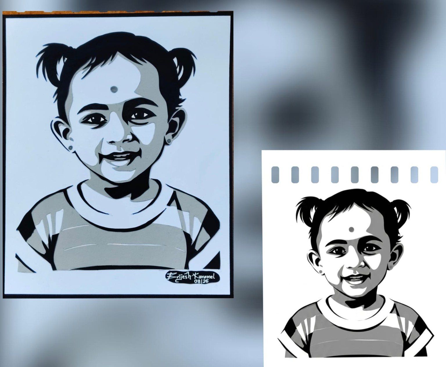 Paper-cut portrait of a smiling toddler beside its digital reference design