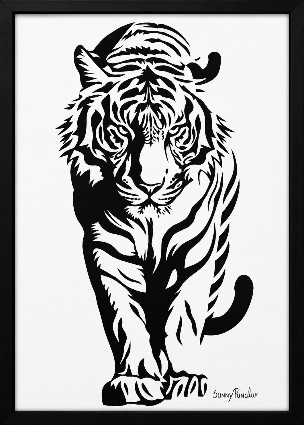 Framed black paper-cut silhouette of a prowling tiger