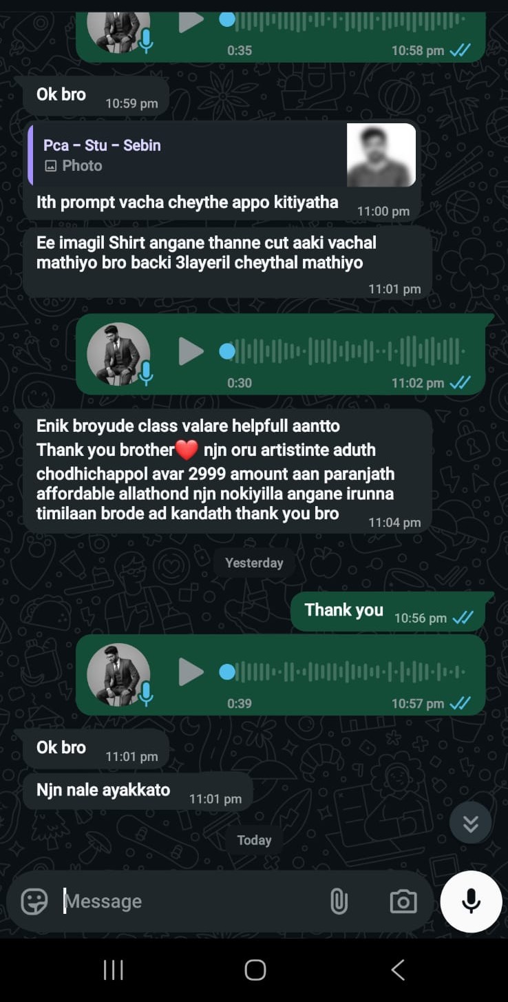 WhatsApp chat with student Sebin saying the class helped a lot and thanking for the affordable price compared with an artist who asked for 2999