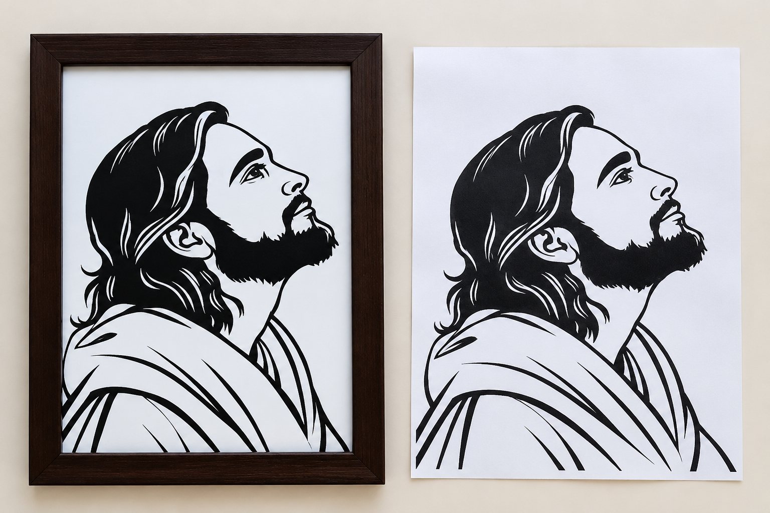 Paper-cut profile portrait of Jesus shown in framed and unframed versions