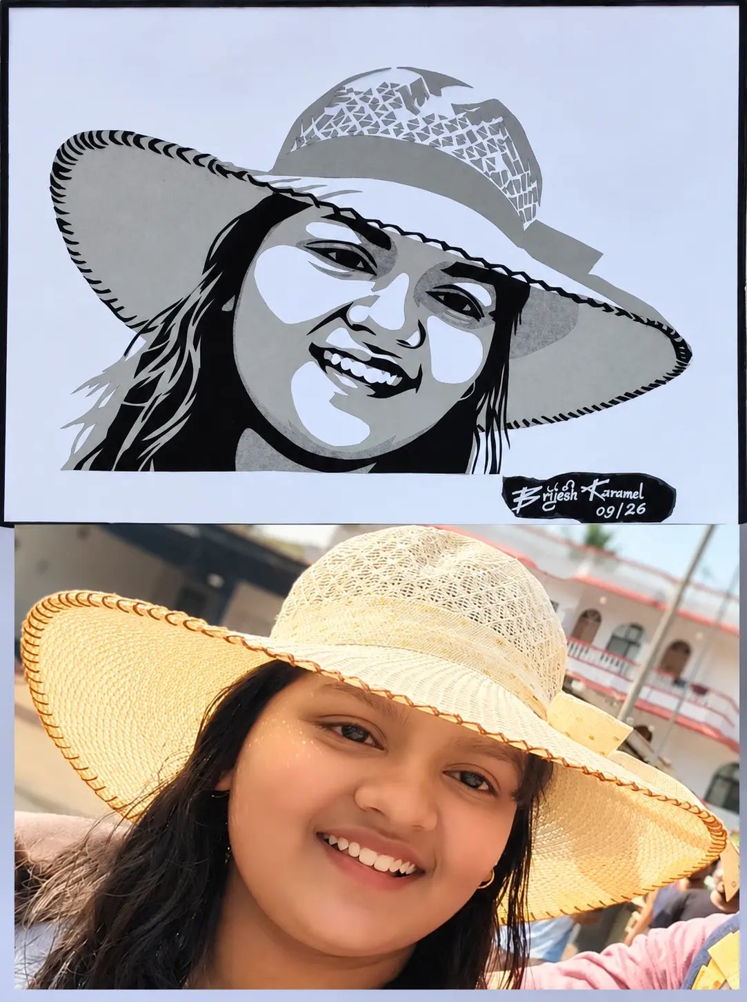 Paper-cut portrait of a girl in a straw hat beside its reference photo