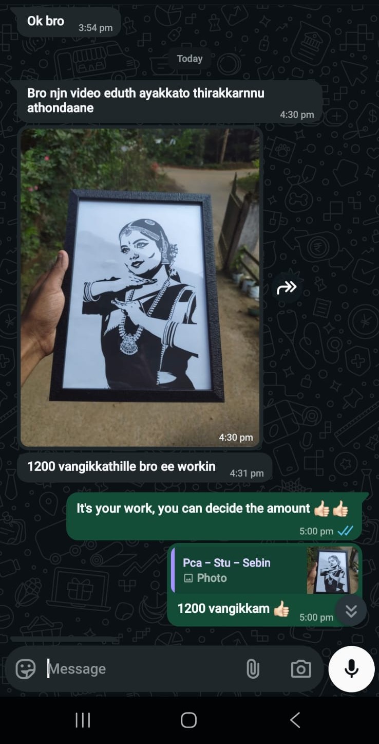 WhatsApp chat with student Sebin who shares his finished paper-cut portrait and decides to charge 1200 for it