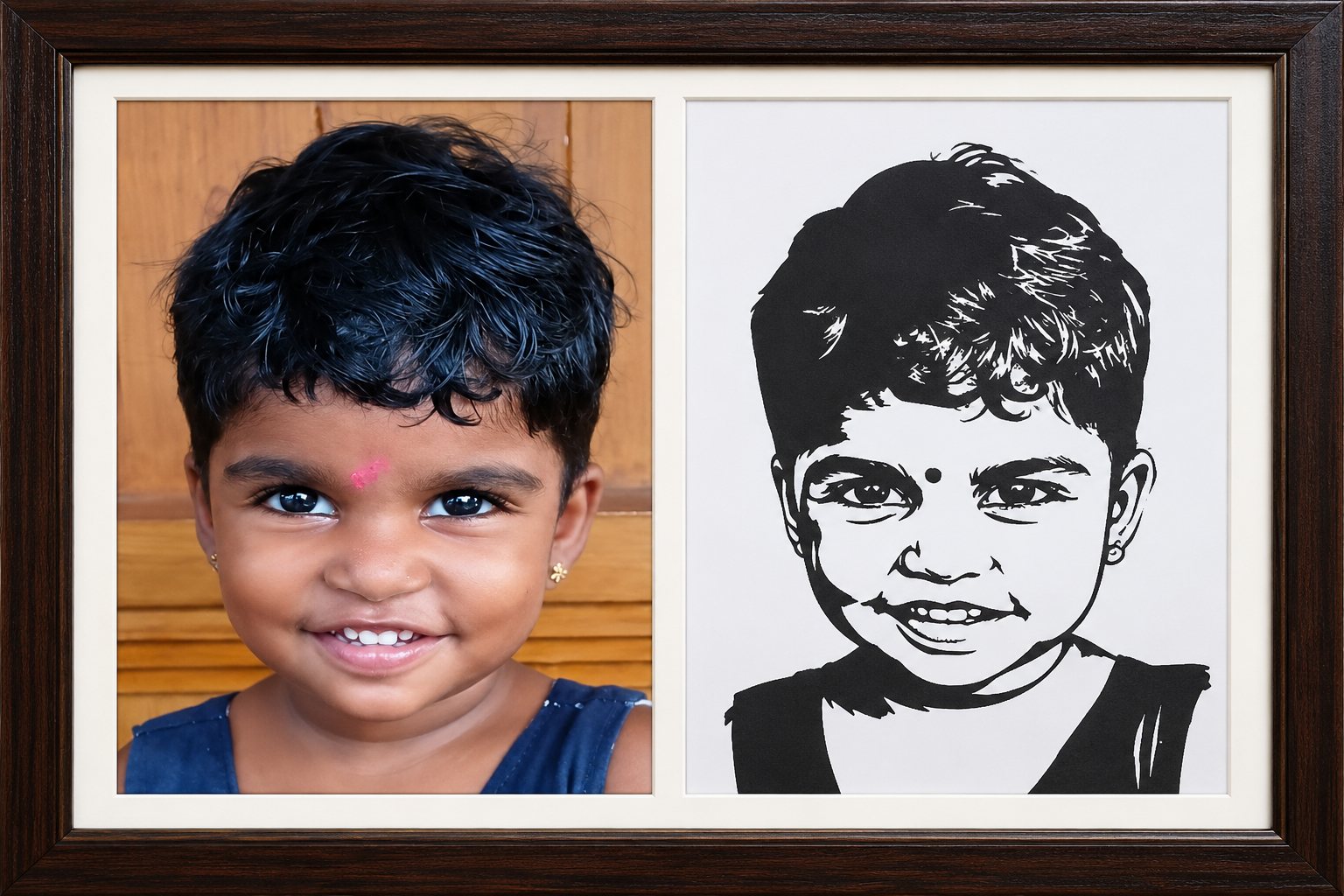 Paper-cut portrait of a child beside the reference photo