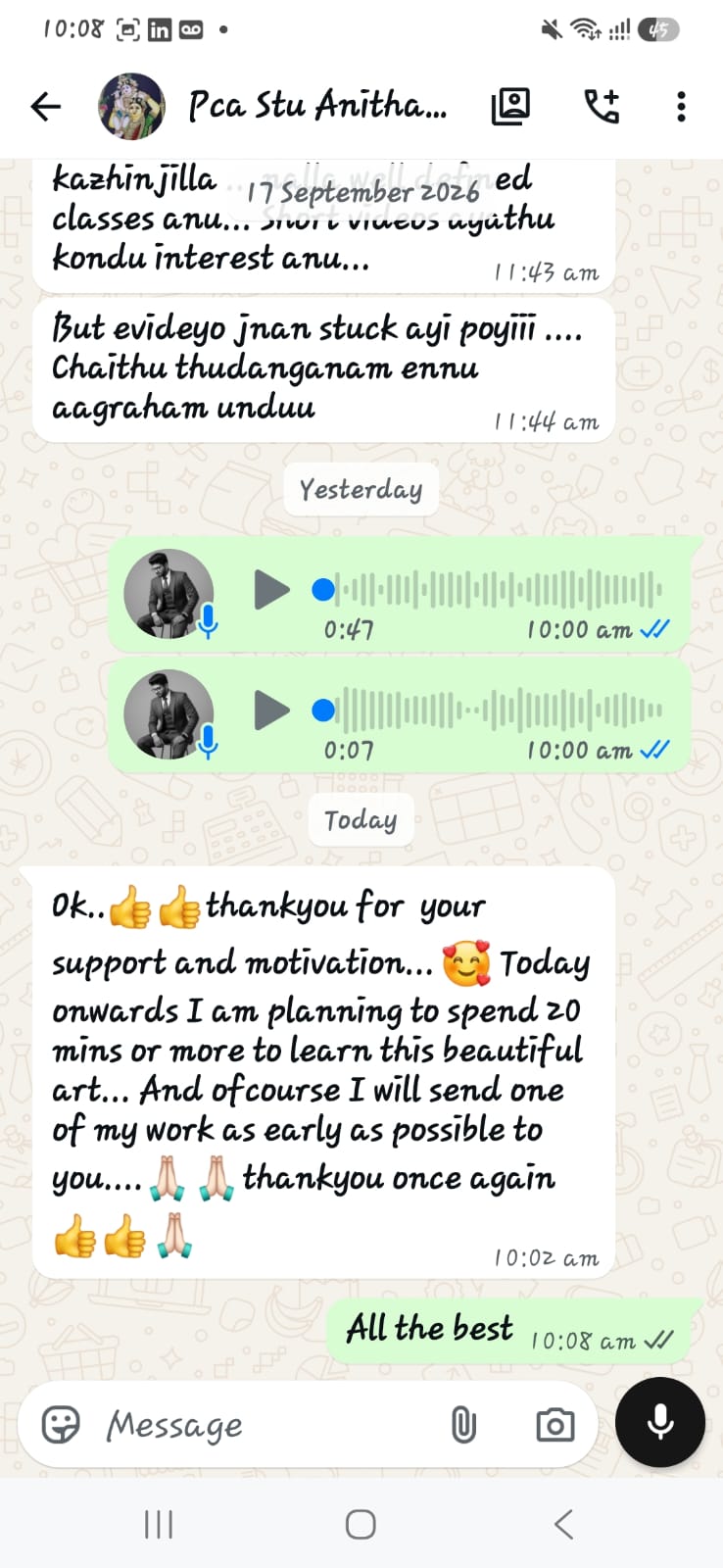 WhatsApp chat with student Anitha thanking for the support and motivation, planning to spend 20 minutes or more a day learning this art