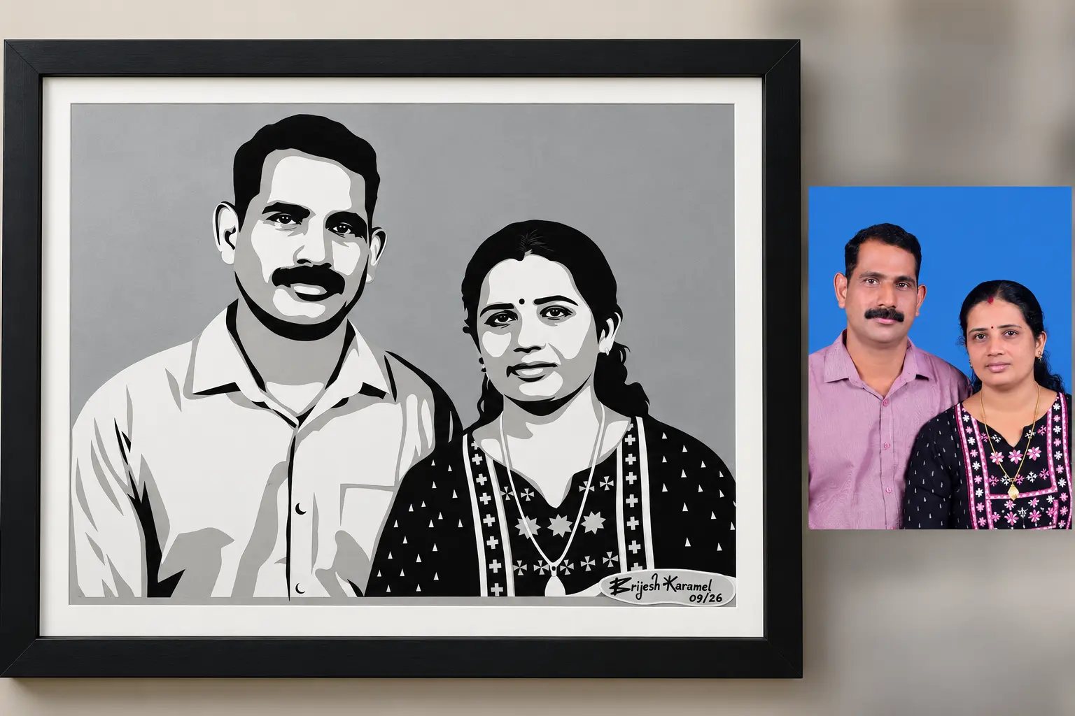 Paper-cut portrait of a couple beside its colour reference photo