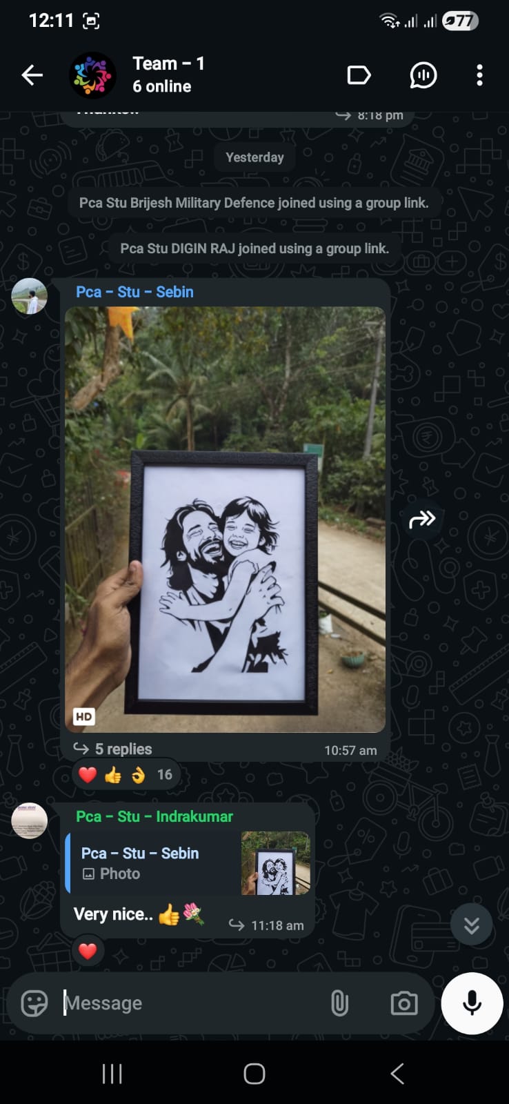 Class group chat where student Sebin holds up a framed paper-cut portrait of a smiling man with a laughing child outdoors, and a classmate replies Very nice