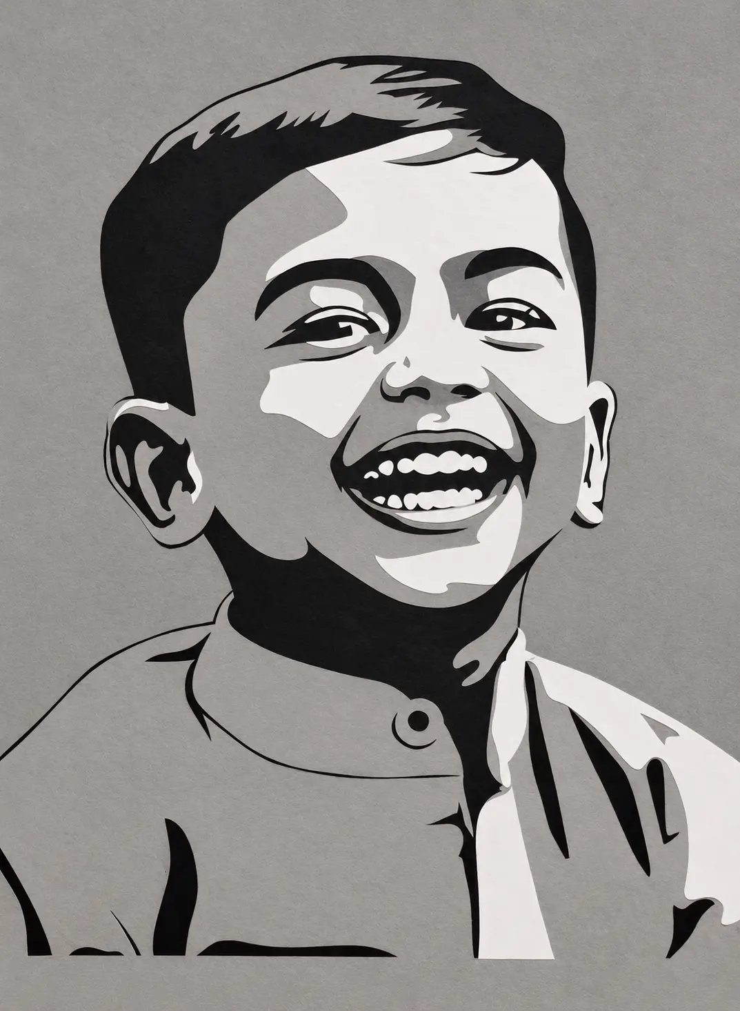 Paper-cut portrait of a laughing young boy in a collared shirt