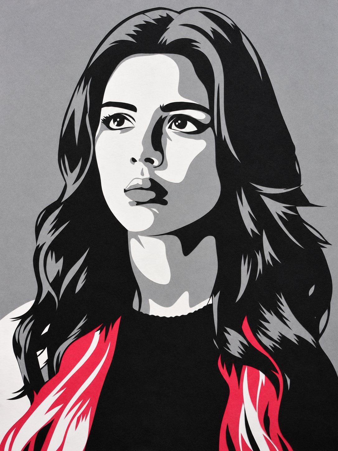 Layered paper-cut portrait of a young woman with red accents