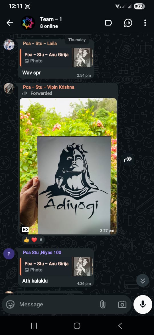 Class group chat where student Vipin Krishna forwards his Adiyogi paper-cut artwork photographed outdoors and classmates reply that it is very lovely