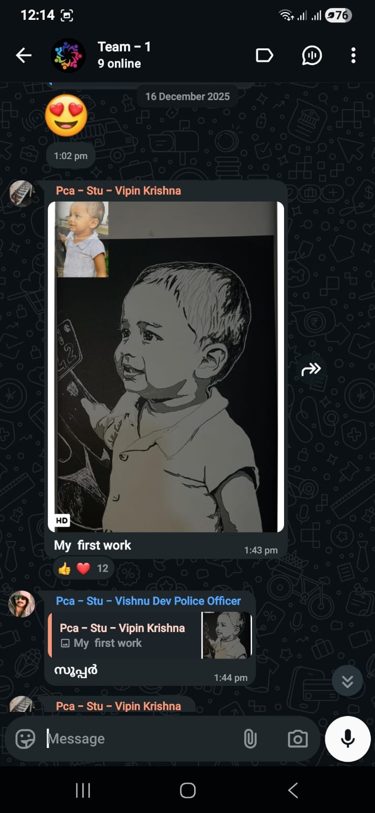 Class group chat where student Vipin Krishna shares his first work, a toddler portrait with the reference photo, and a classmate replies that it is superb