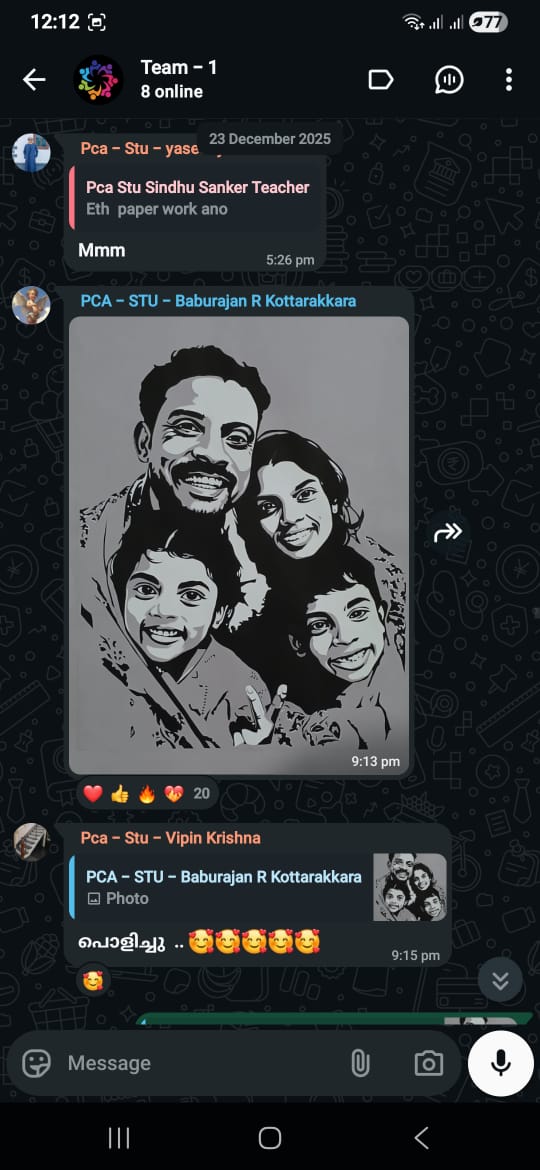 Class group chat where student Baburajan R Kottarakkara shares his family paper-cut portrait with a young family, classmates react with hearts and reply Super
