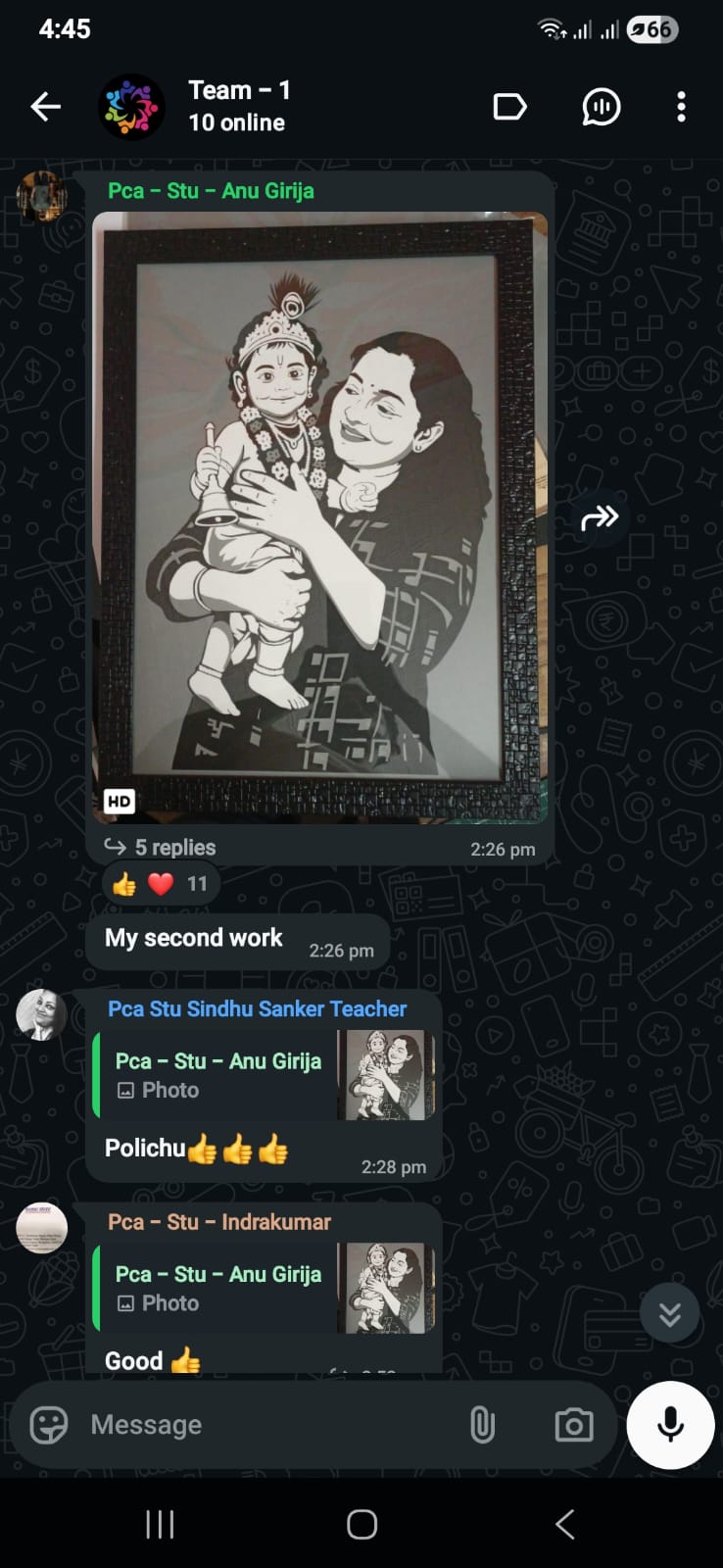 Class group chat where student Anu Girija shares her second work, a portrait of a mother holding a baby dressed as Krishna, and classmates reply that it is lovely