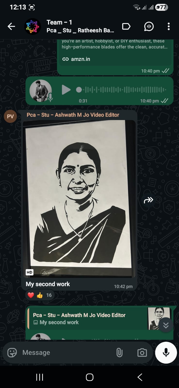 Class group chat where a student shares her second work, a paper-cut portrait of a woman in a saree, together with the link to the blades she uses