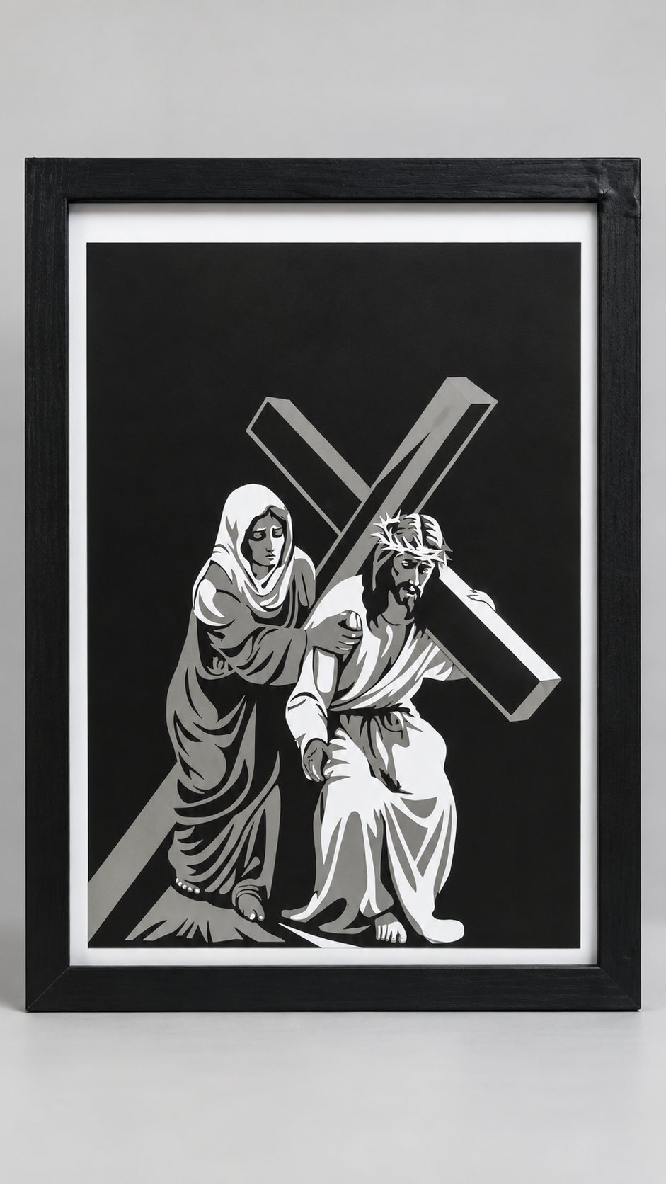 Framed paper-cut artwork of Jesus carrying the cross with a veiled woman