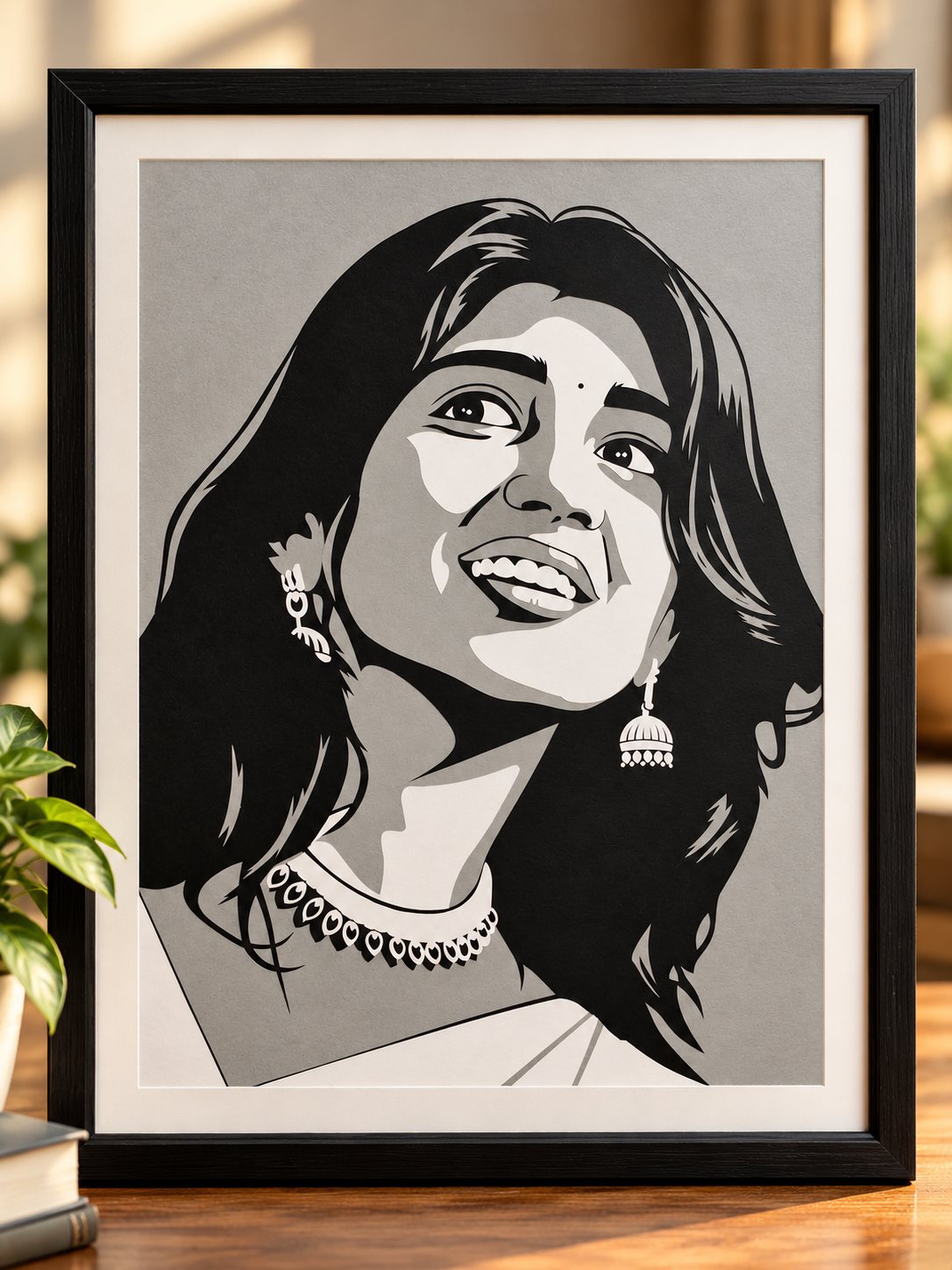 Framed paper-cut portrait of a smiling woman wearing traditional jewellery
