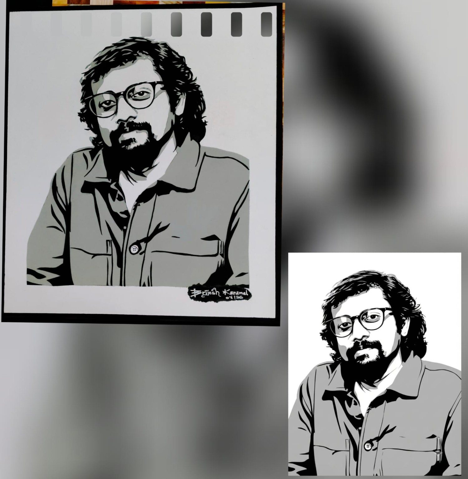 Paper-cut portrait of a bearded man beside its digital reference design